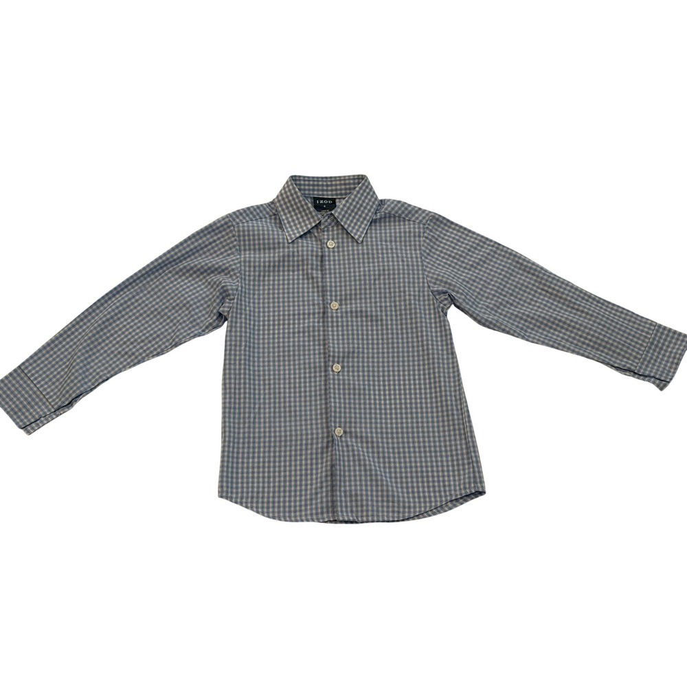 IZOD Boys Blue White Gingham Long Sleeve Button Down Dress Shirt Size 6